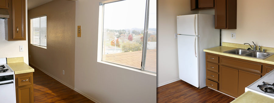 Bright kitchen with great view. Large enough for a breakfast table.