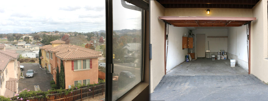 View of hills and single car garage.