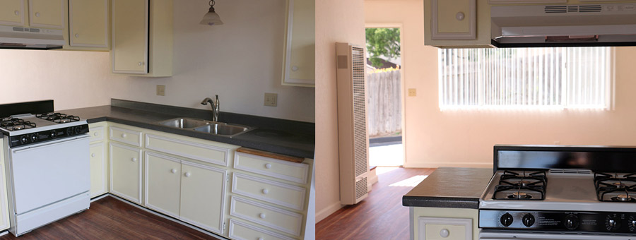 Kitchen with new oven, stainless steel sink and retractable faucet.